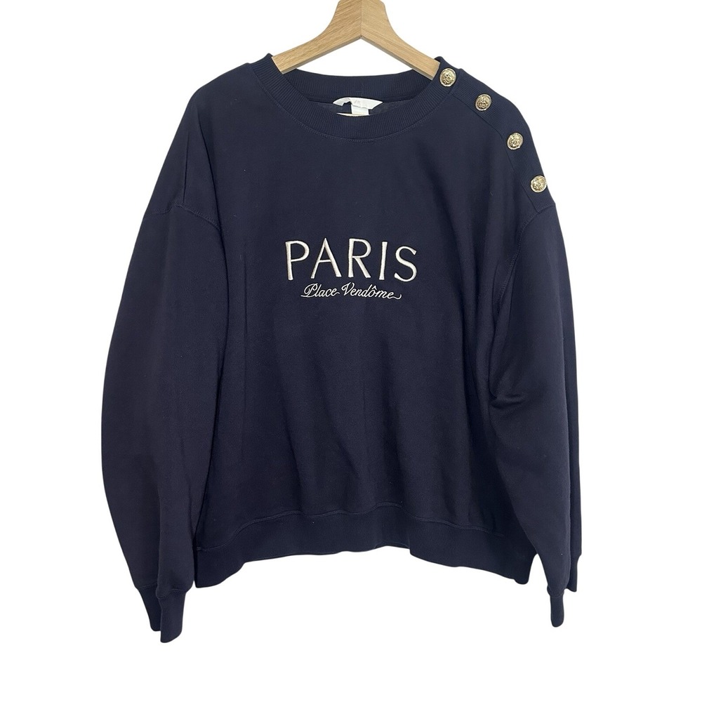 H&M Women's XXL Navy Blue Paris Place Vendome Gold Button Sweatshirt Euro Chic